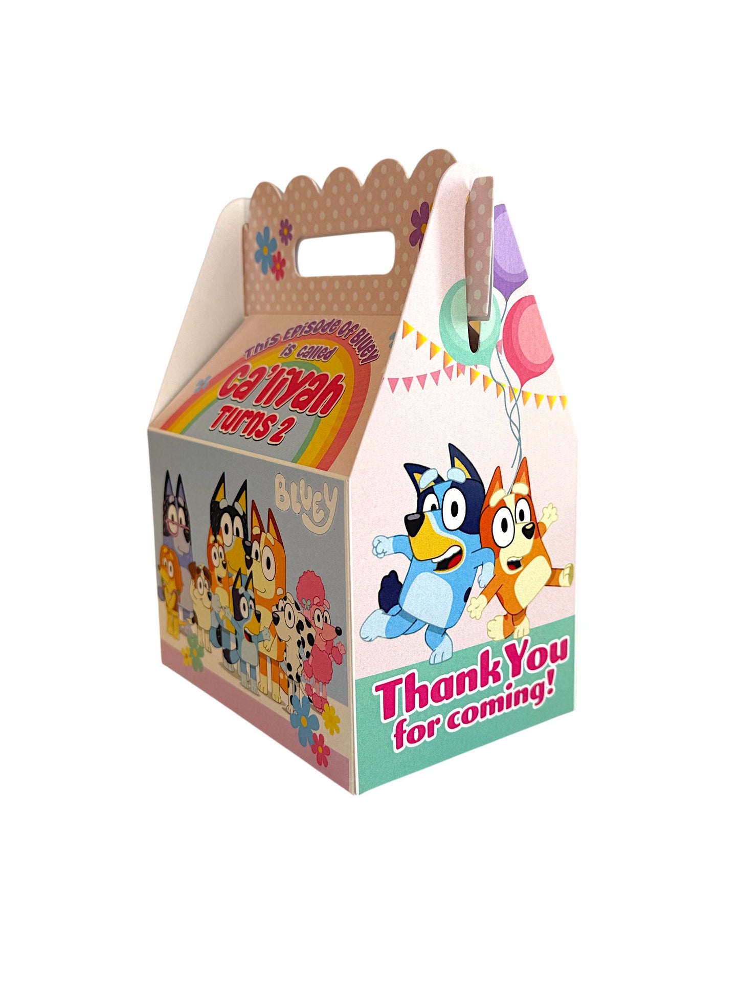 Children's birthday party favor box with Bluey and friends characters and rainbow design with flowers, pink accents and polka dots. Bluey birthday treat boxes personalized to your child's preferences and customized with their name.