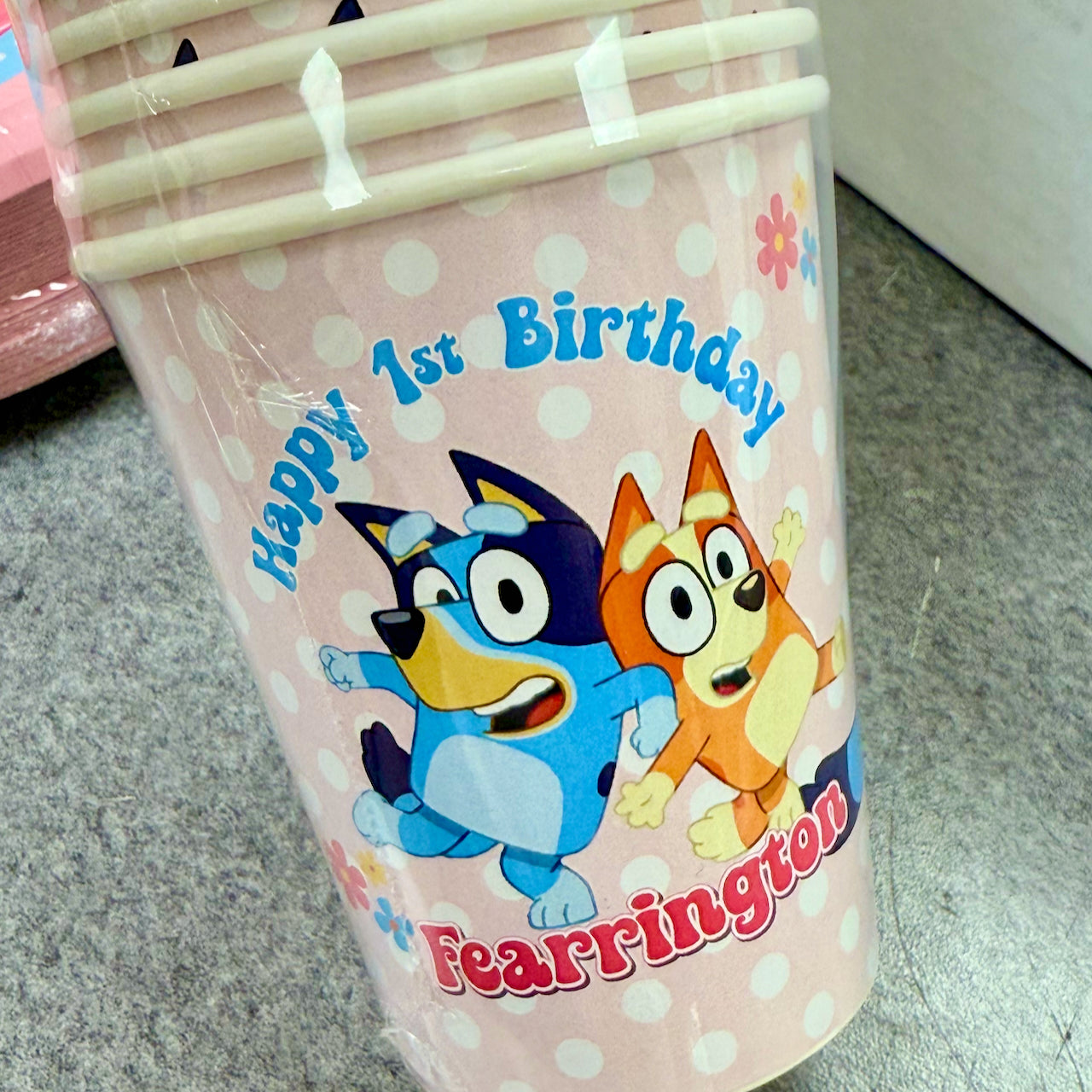 Bluey birthday party cups, bluey party supplies, personalized bluey birthday supplies for birthday girl in pink, rainbow bluey party theme. pink bluey party decorations. Bluey plates, bluey cups
