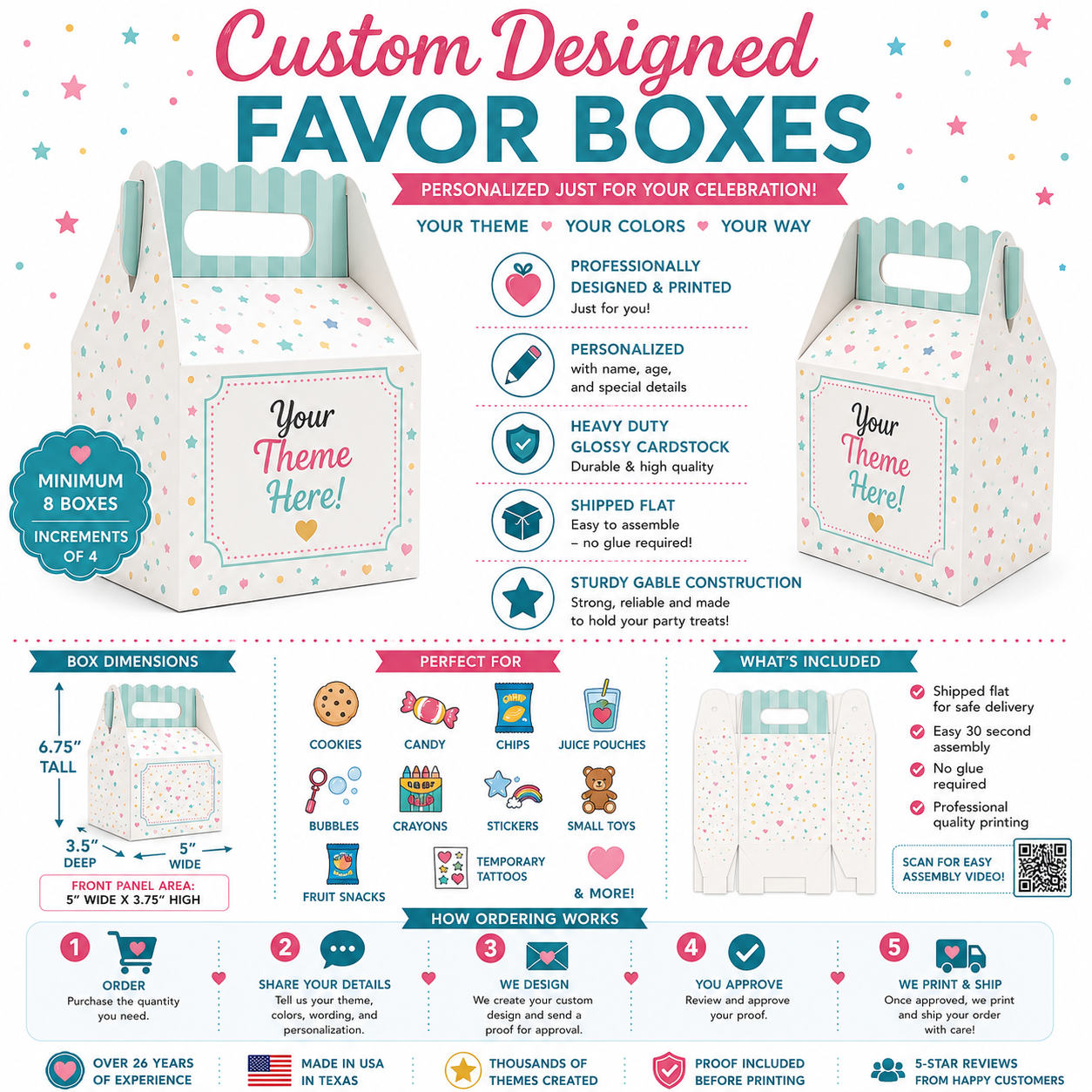 Custom designed favor boxes personalized for your birthday, first birthday, bridal showers, sweet 16, valentines gifts, classroom student gifts, teacher gifts, Disney princess party favor, Spiderman party favor, paw patrol party box, custom party favor box.