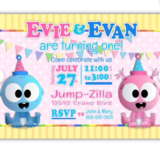 GooGoo & GaaGaa BabyFirstTV 1st Birthday Invitations for Twins, or boy girl siblings party, Set of 16 PRINTED INVITATIONS