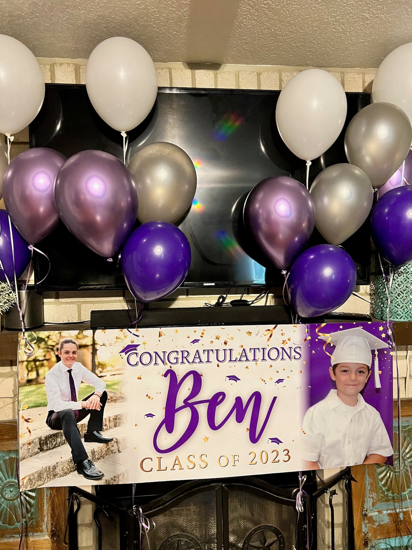Graduation party banner for high school, college or trade school. Add two photos to make the banner extra personal. Change colors to your "school" colors or as needed.
