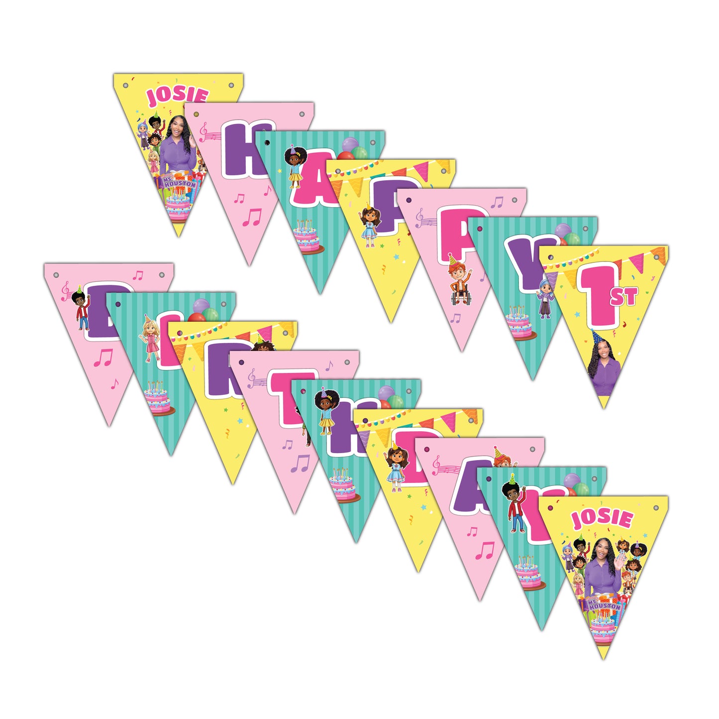Colorful happy birthday banner personalized with your child's name and age, printed on our high quality sturdy card stock. Includes ribbon for stringing and decorating your party room at your Learning with Ms Houston Birthday Party. Pink and purple made for girls party