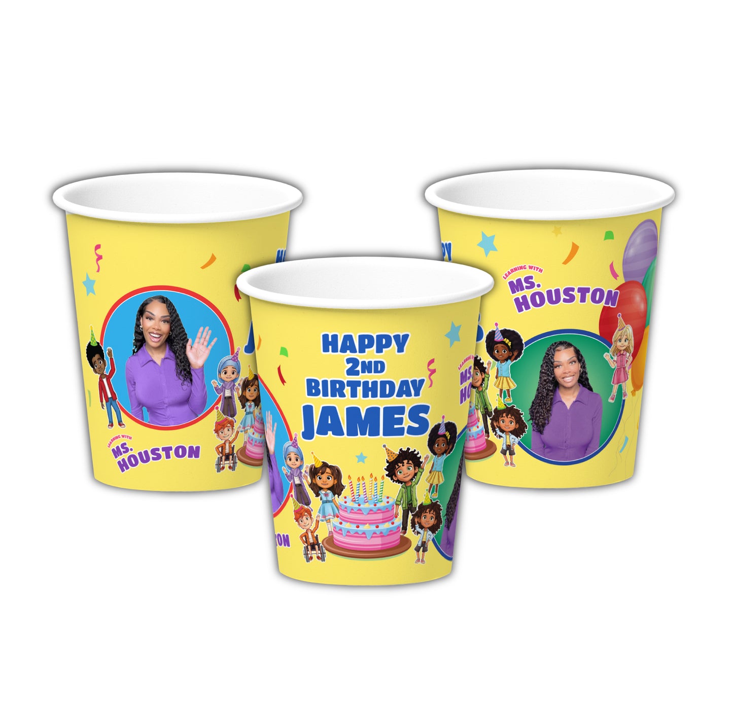 Bring the charm of Ms Houston to your child’s special day with these custom paper cups, designed just for your unique birthday party! Each sturdy cup features a fun, colorful custom print that is personalized with your child’s name and age. Ms Houston party supplies, personalized party decorations.