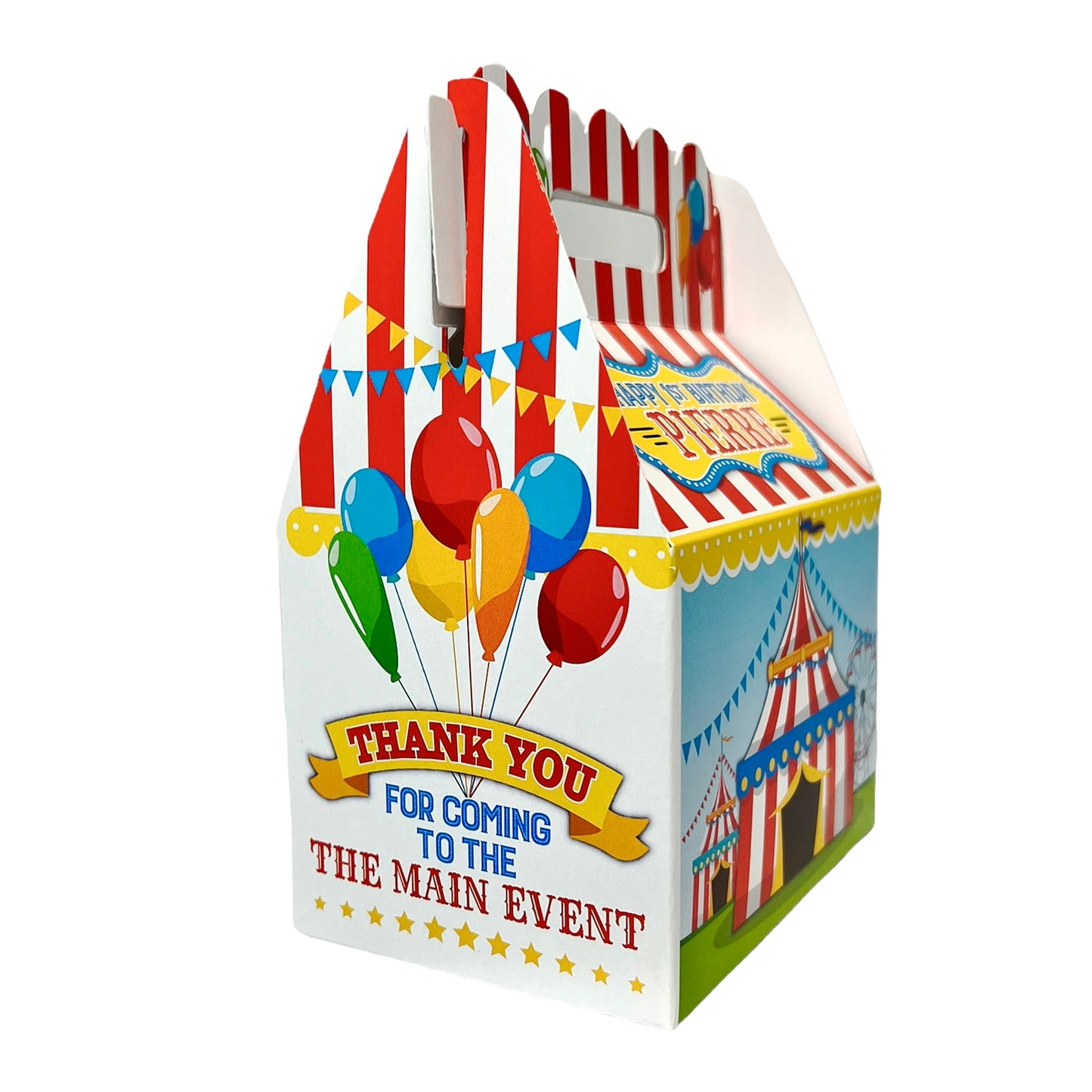 Carnival party circus tent party supplies. Personalized party favor box for circus carnival kids party. Gable favor box personalized. Red circus tent, Ferris wheel, balloons, bright primary colors.