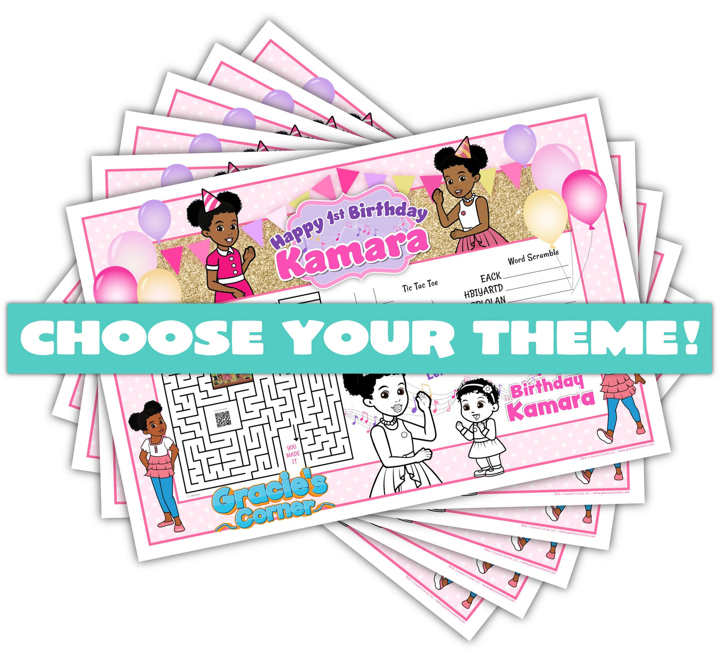 Personalized for your birthday child and made to match your theme! Printed on high quality heavy 12pt. 18x12' satin finish card stock. Your guests will delight in coloring their own placemat. Choose 'Activities', 'coloring' or 'Full Print Design'. Created to match ANY PARTY THEME. Provide detailed instructions in personalization field and send any reference art in messages.