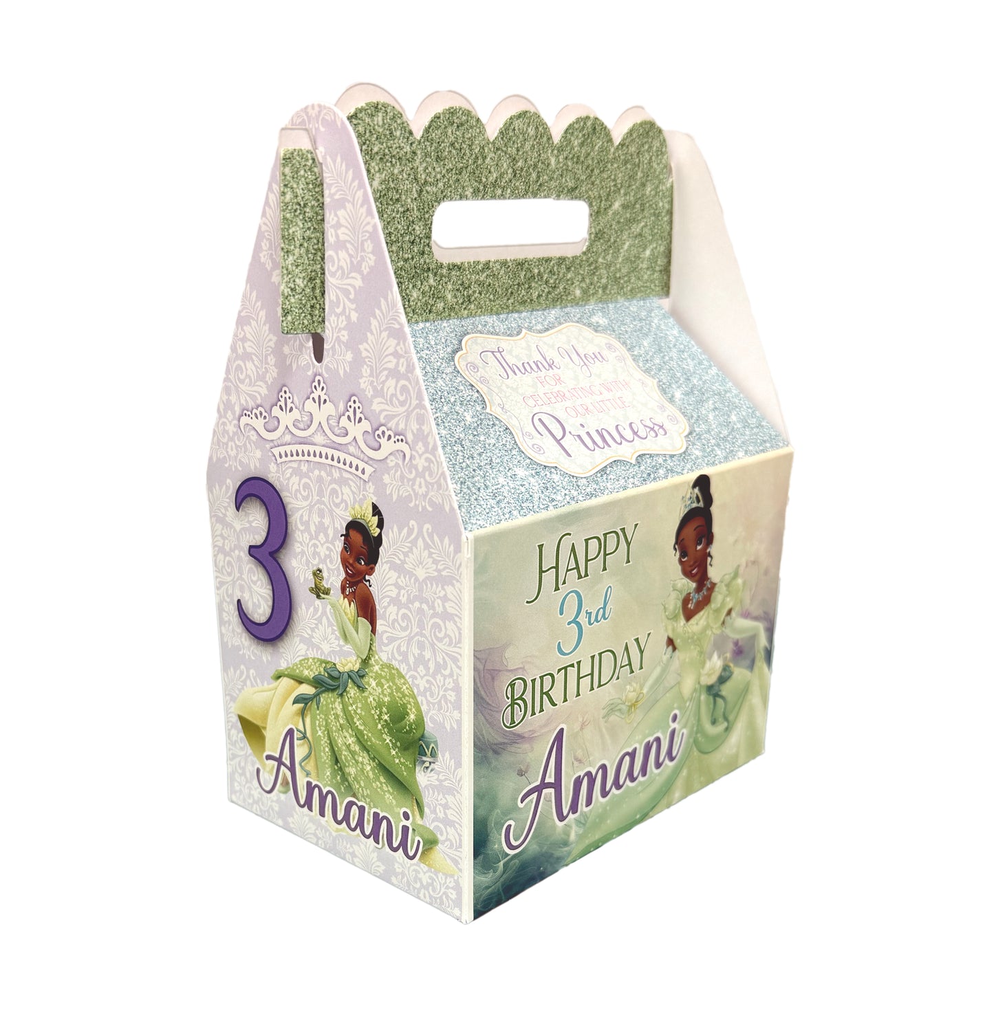 Tiana party box, tiana favor bag, tiana party favor, tiana gable favor box, treat box, custom, personlized