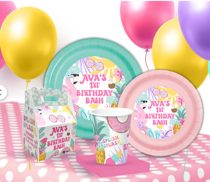 Splash Splash Tropical Cutie Summer Luau Citrus Flamingo Birthday Party Pack, BASIC Party Bundle for 12 Guests