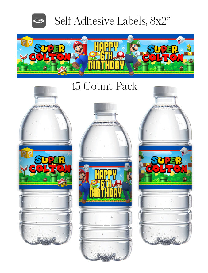 Mario birthday supplies, super Mario bros party labels, super Mario water bottle labels, Mario Kart Water Bottle Labels, super Mario party supplies, custom water labels, personalized party supplies, personalized Mario party