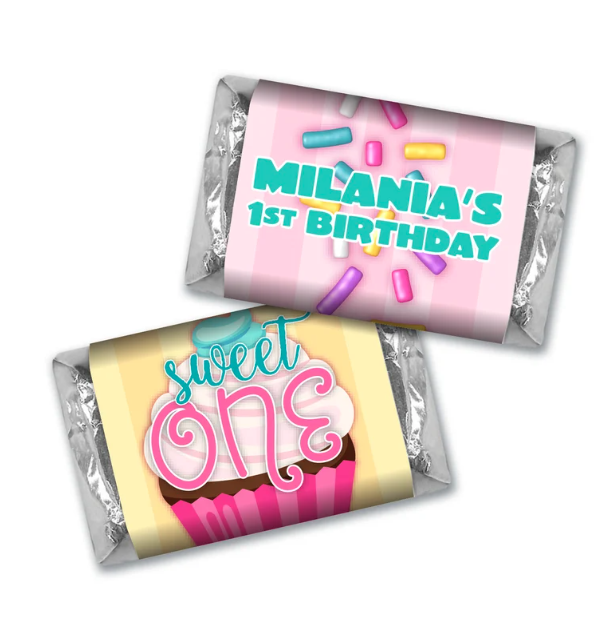 Sweet ONE Cupcake 1st Birthday Chocolate Miniatures StickerWraps, SET of 36 wraps
