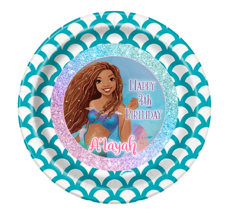 The Little Mermaid Live Action Movie 2023, African American Ariel Personalized Meal Size Party Plates, 12 count CARTOON variation