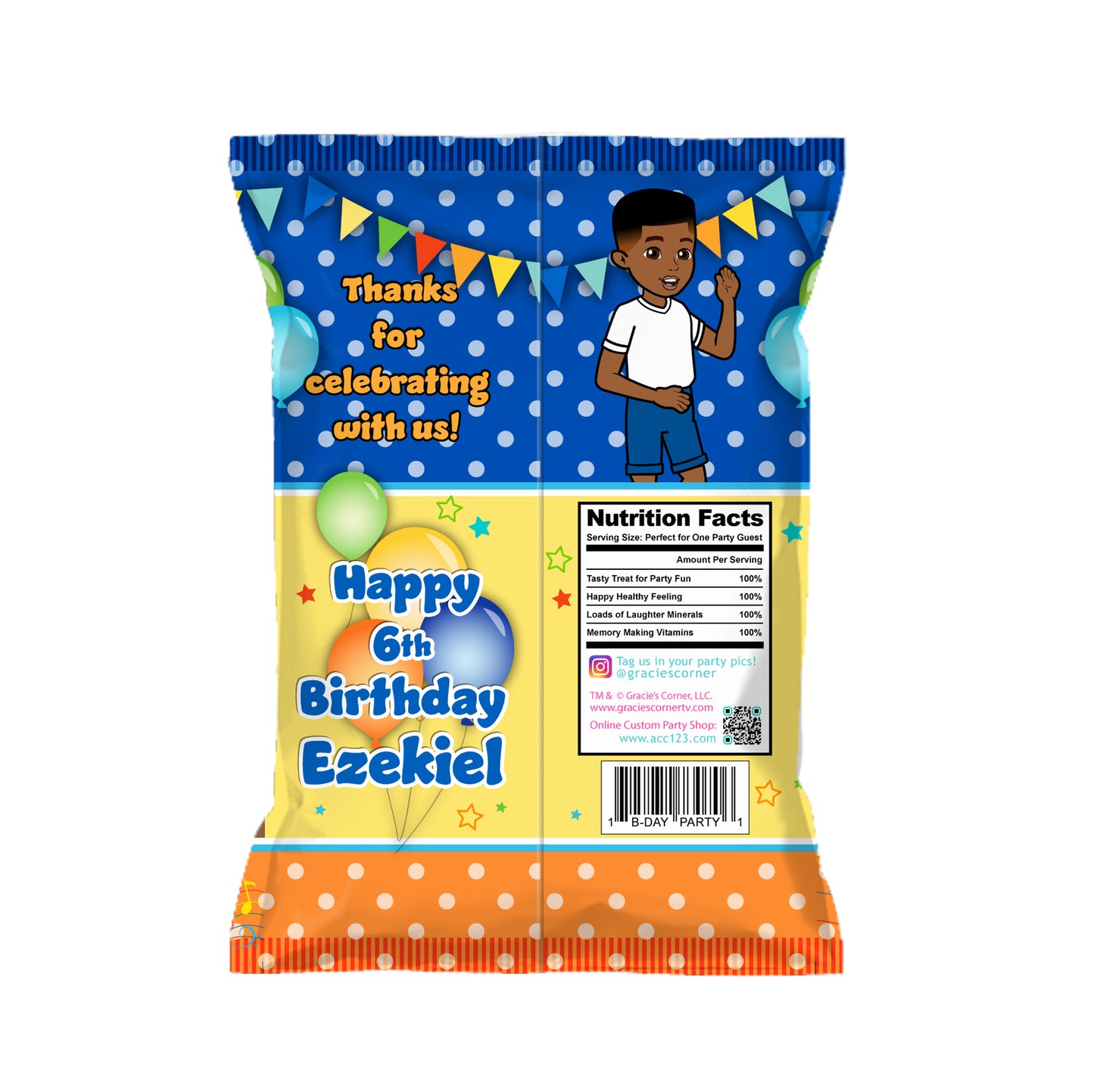 brithday boy Personalized Gracie's Corner party decor, custom chip bag, treat bag, food label