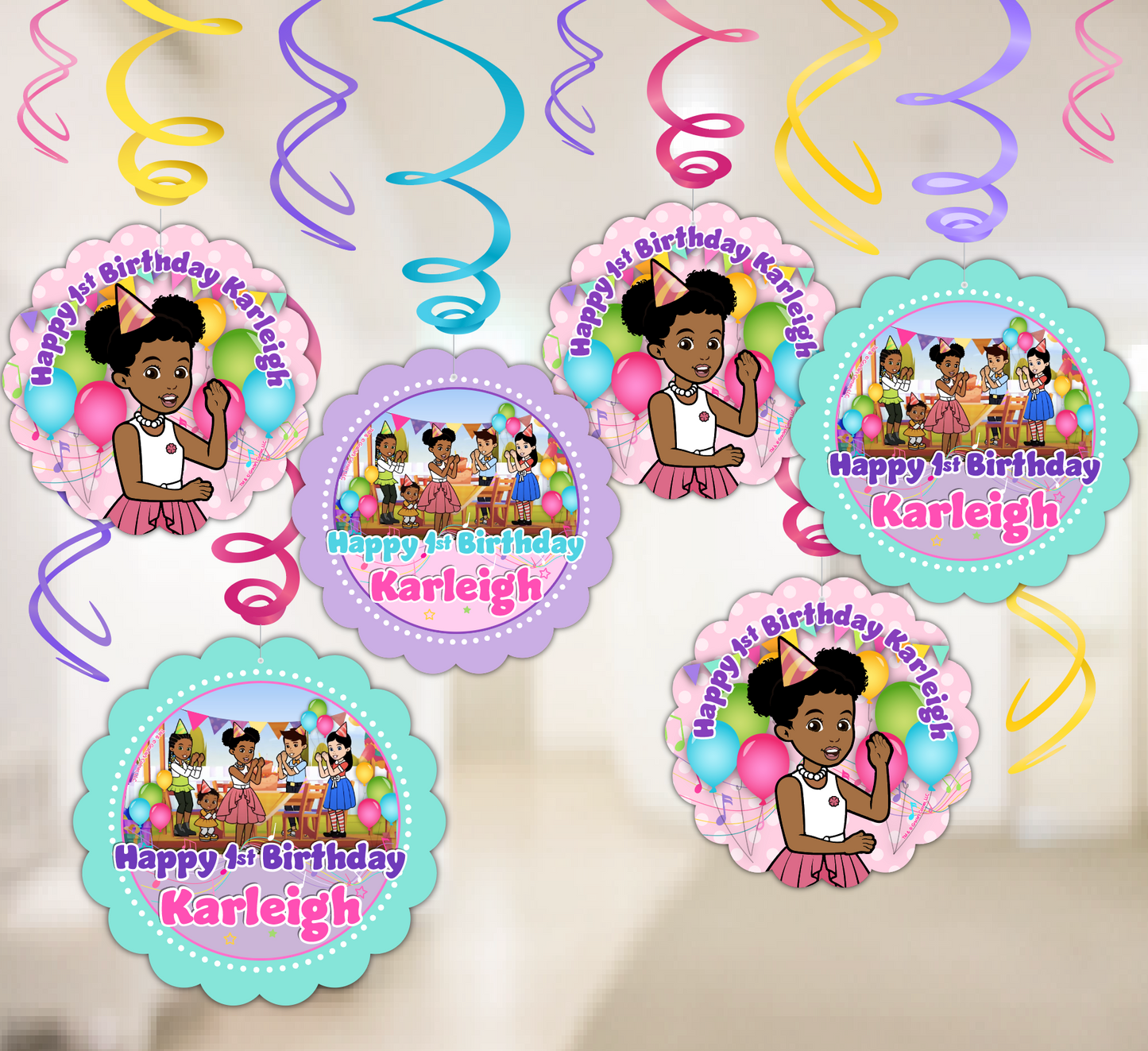 Gracie's corner custom party decorations. Hanging swirls with custom printed 2 sided danglers will fill your party scene with festive fun! Personalized for your child!