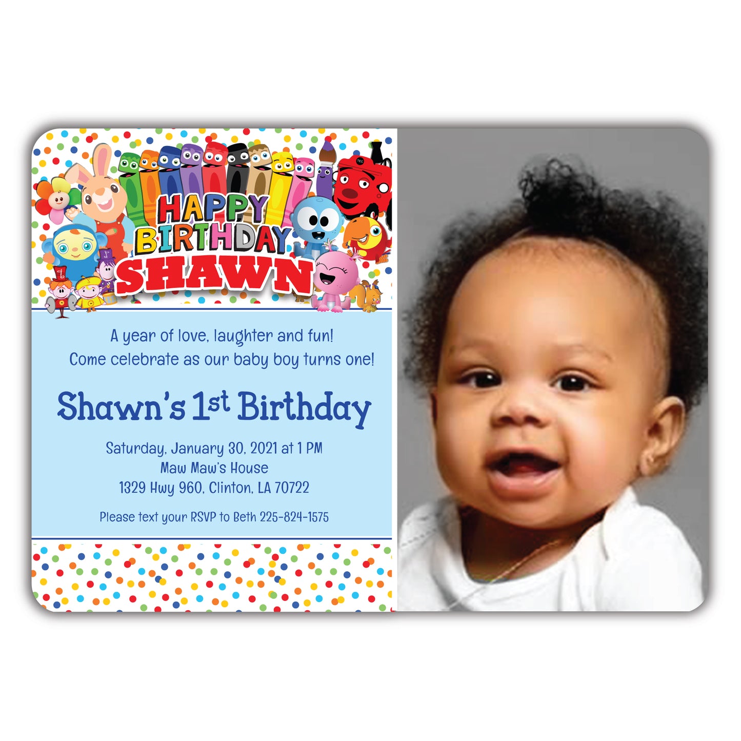BabyFirst Characters Birthday invitation card with colorful confetti dots and favorite characters and a photo of baby. Set of 16 printed invitations or buy a digital file.