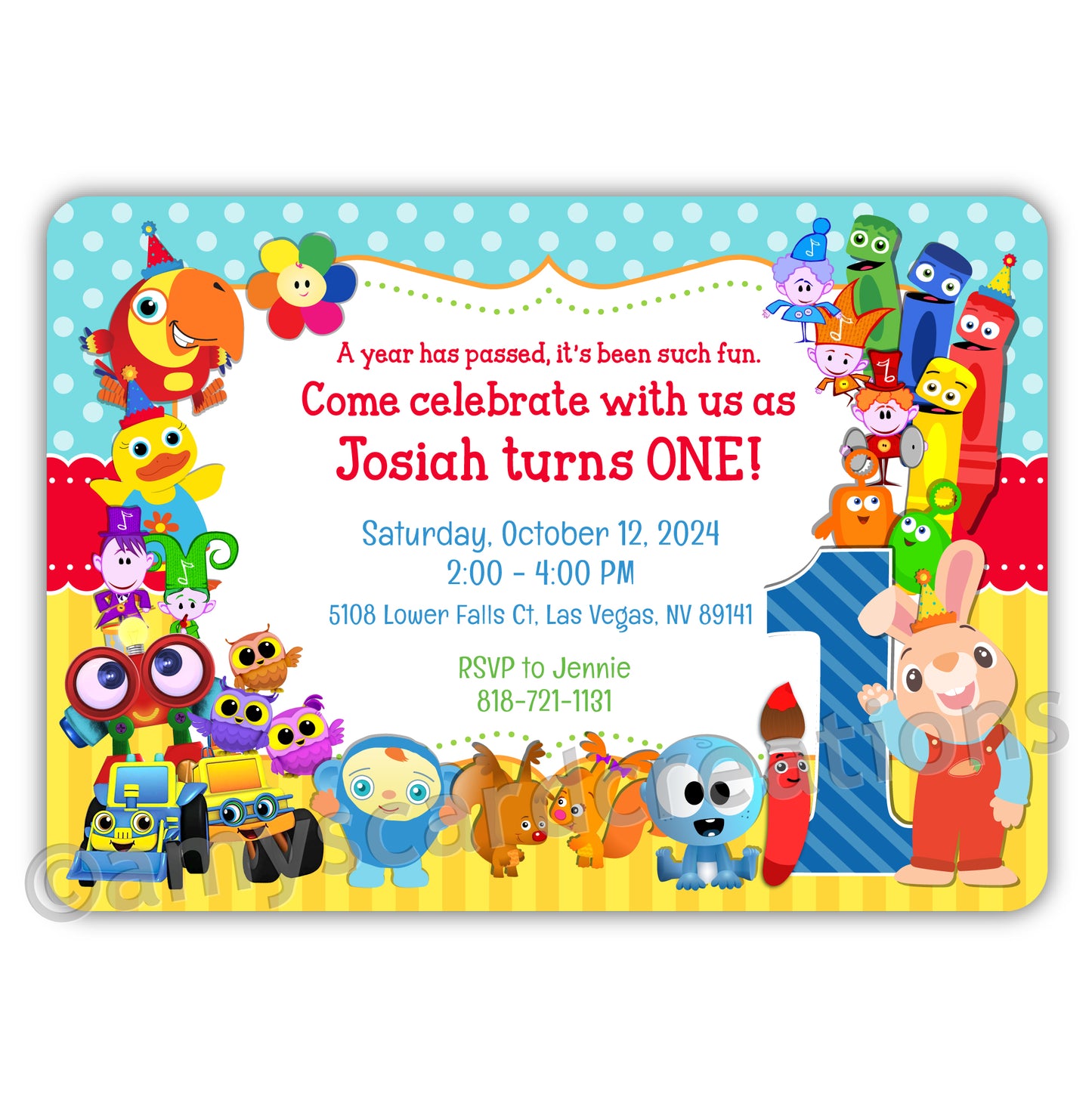 BabyFirst tv party invitation featuring harry the bunny, googoo, pete the paintbrush, color crew, notekins, vocabularry, robi, hoot scoot what and more! Personalized and printed to your sepcifications.