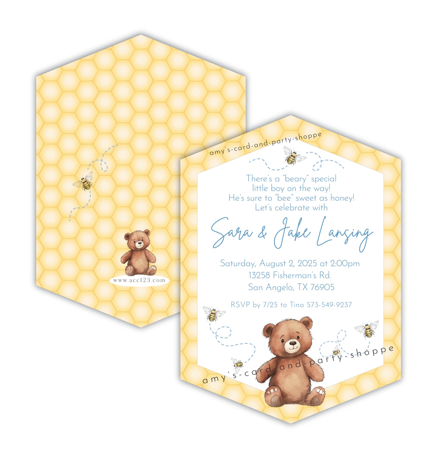 Geometric shape Honeycomb, honey bee teddy bear baby shower invitation for baby boys and baby girls.