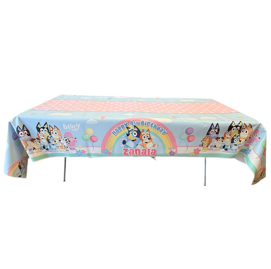Bluey birthday party personalized table cover perfect to dress up your party space and impress your guest with your child’s name featured on our heavy duty vinyl reusable table cover