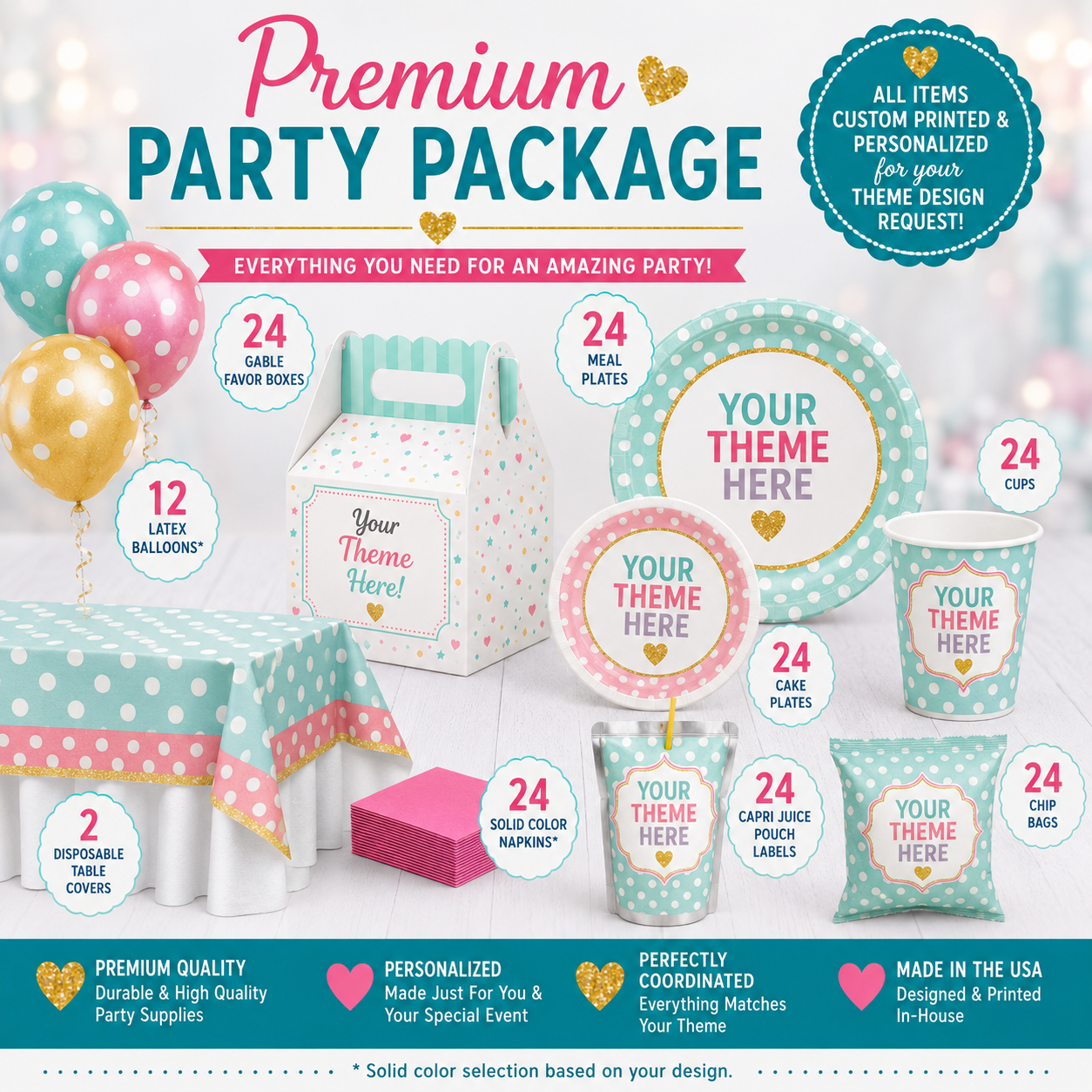 Custom Designed Any Theme PREMIUM Party Pack for 24 guests