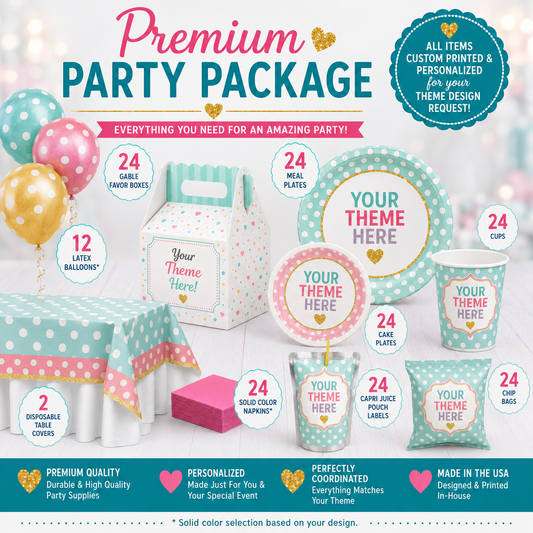Custom Designed Any Theme PREMIUM Party Pack for 24 guests