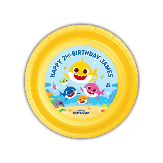 Add a festive, custom touch to your child’s party with these personalized paper plates, perfect for your Baby Shark birthday! Each plate features your child’s name and age in an exclusive design that ties your theme together beautifully.Baby Shark with a bow for your birthday girl.
