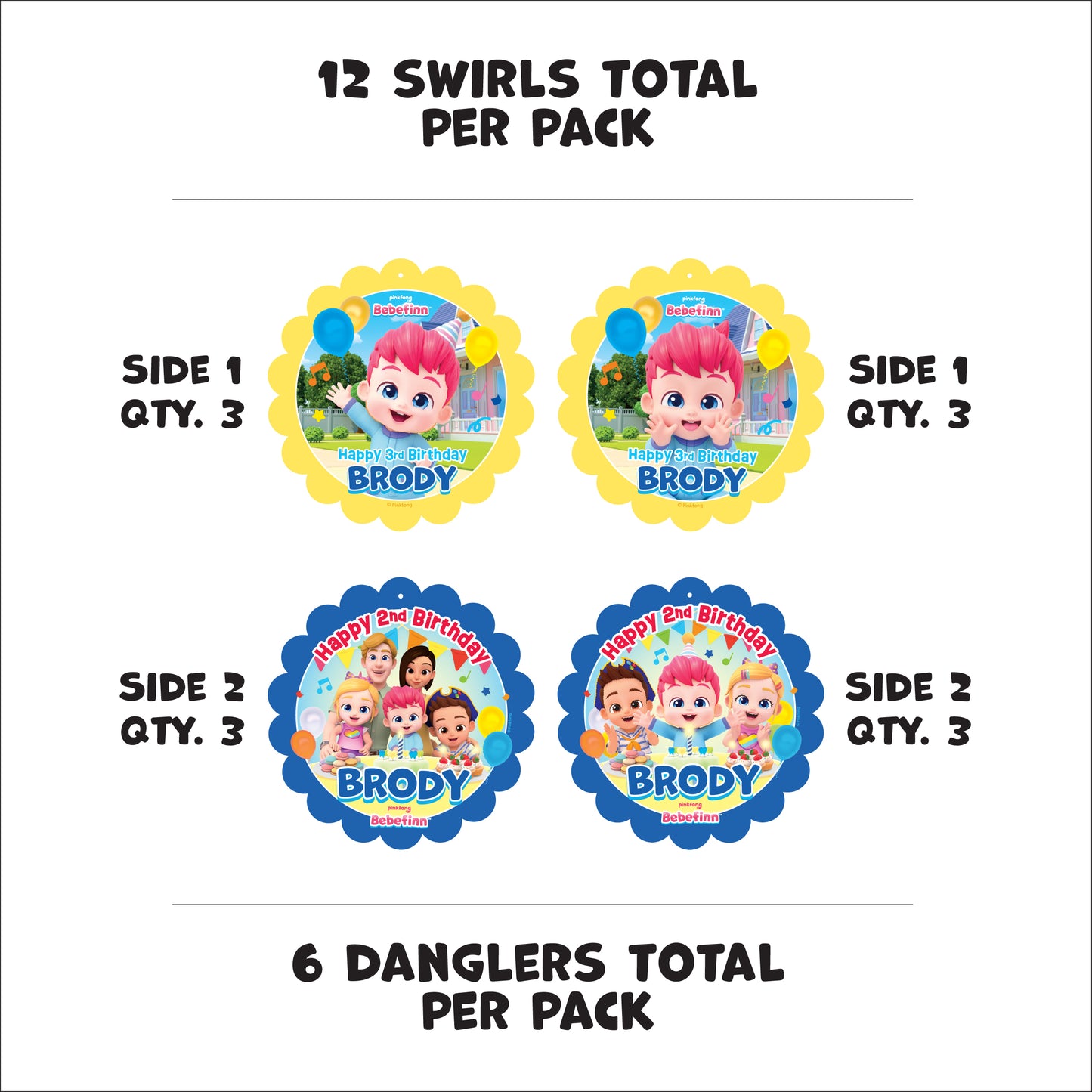 Decorative hanging swirls with personalized birthday text and Bebefinn along with his adorable family will add a festive decoration for your Bebefinn birthday party. Custom Personalized Bebefinn party decorations are licensed and exclusive. 