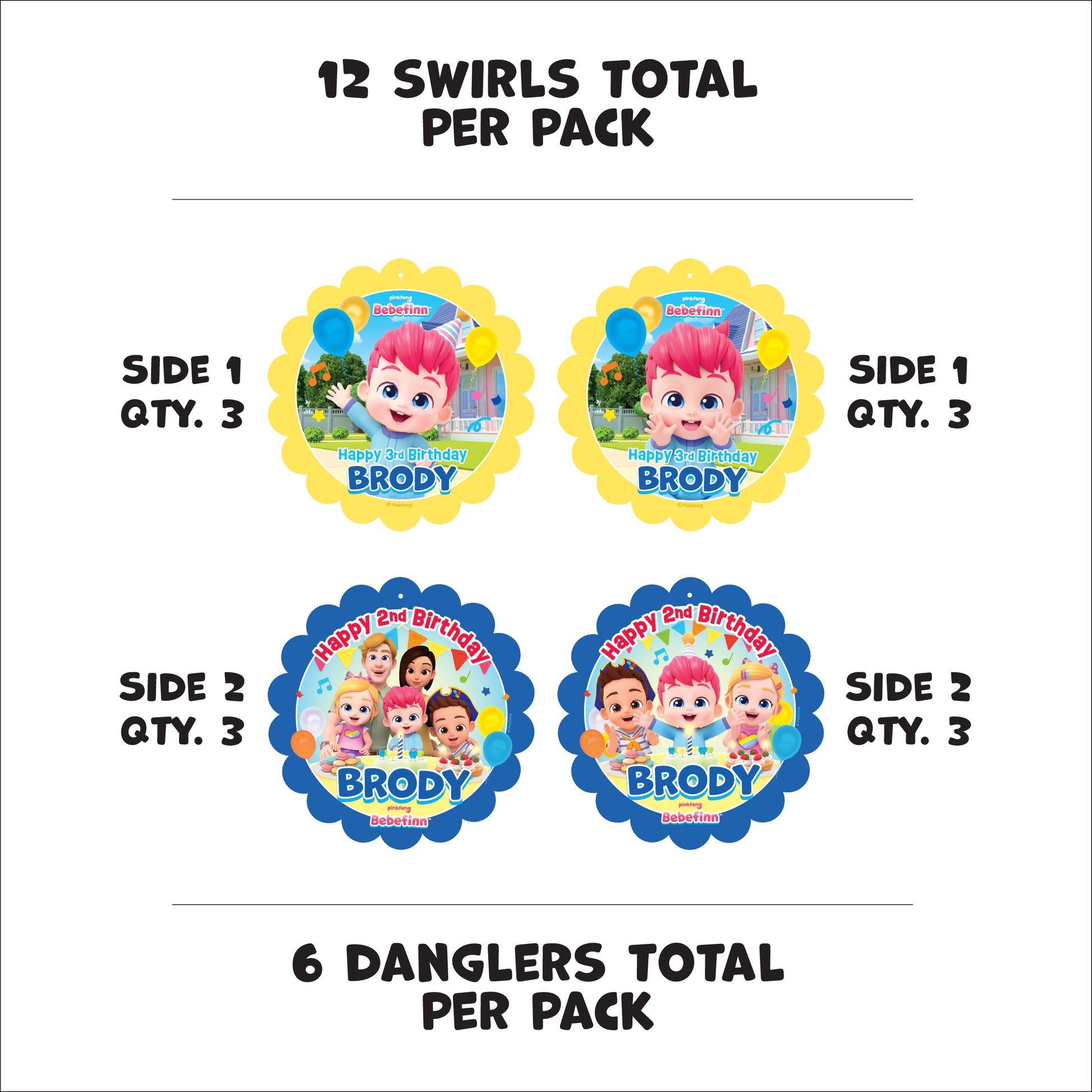 Decorative hanging swirls with personalized birthday text and Bebefinn along with his adorable family will add a festive decoration for your Bebefinn birthday party. Custom Personalized Bebefinn party decorations are licensed and exclusive. 