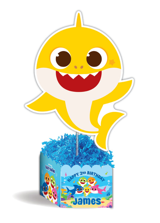 Baby shark themed birthday centerpiece with colorful base personalized with your birthday boy or girl's name, baby shark party supplies, baby shark decorations