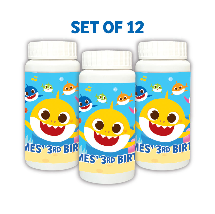 Baby Shark Bubbles for birthday party favors. Personalized Baby Shark party bubbles are the best take-home gift for your party guests!