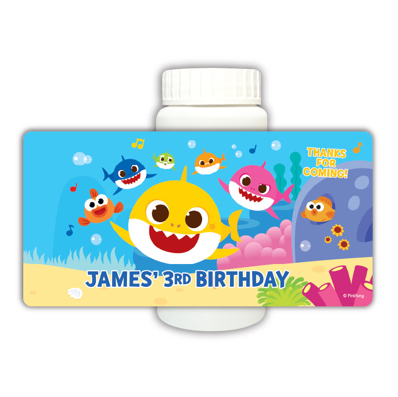 Baby Shark Bubbles for birthday party favors. Personalized Baby Shark party bubbles are the best take-home gift for your party guests!