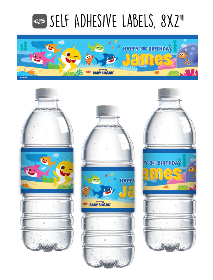 PinkFong Baby Shark Birthday Party Supplies, Personalized Custom Water Bottle Labels, Baby Shark Drink Labels, Baby Shark Stickers, Baby Shark Party