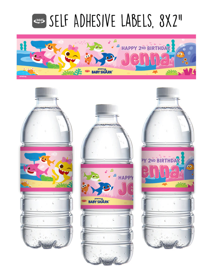 PinkFong Baby Shark Birthday Party Supplies, Personalized Custom Water Bottle Labels, Baby Shark Drink Labels, Baby Shark Stickers, Baby Shark Party, pink girl baby shark, girl baby shark party