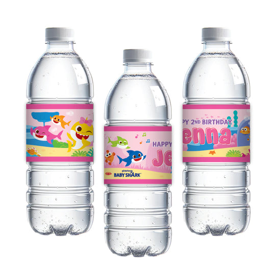 PinkFong Baby Shark Birthday Party Supplies, Personalized Custom Water Bottle Labels, Baby Shark Drink Labels, Baby Shark Stickers, Baby Shark Party, pink girl baby shark, girl baby shark party