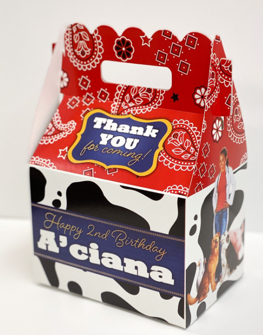 Bandana and cow print Dolittle Birthday Party, QTY 8 Personalized Gable Favor Boxes
