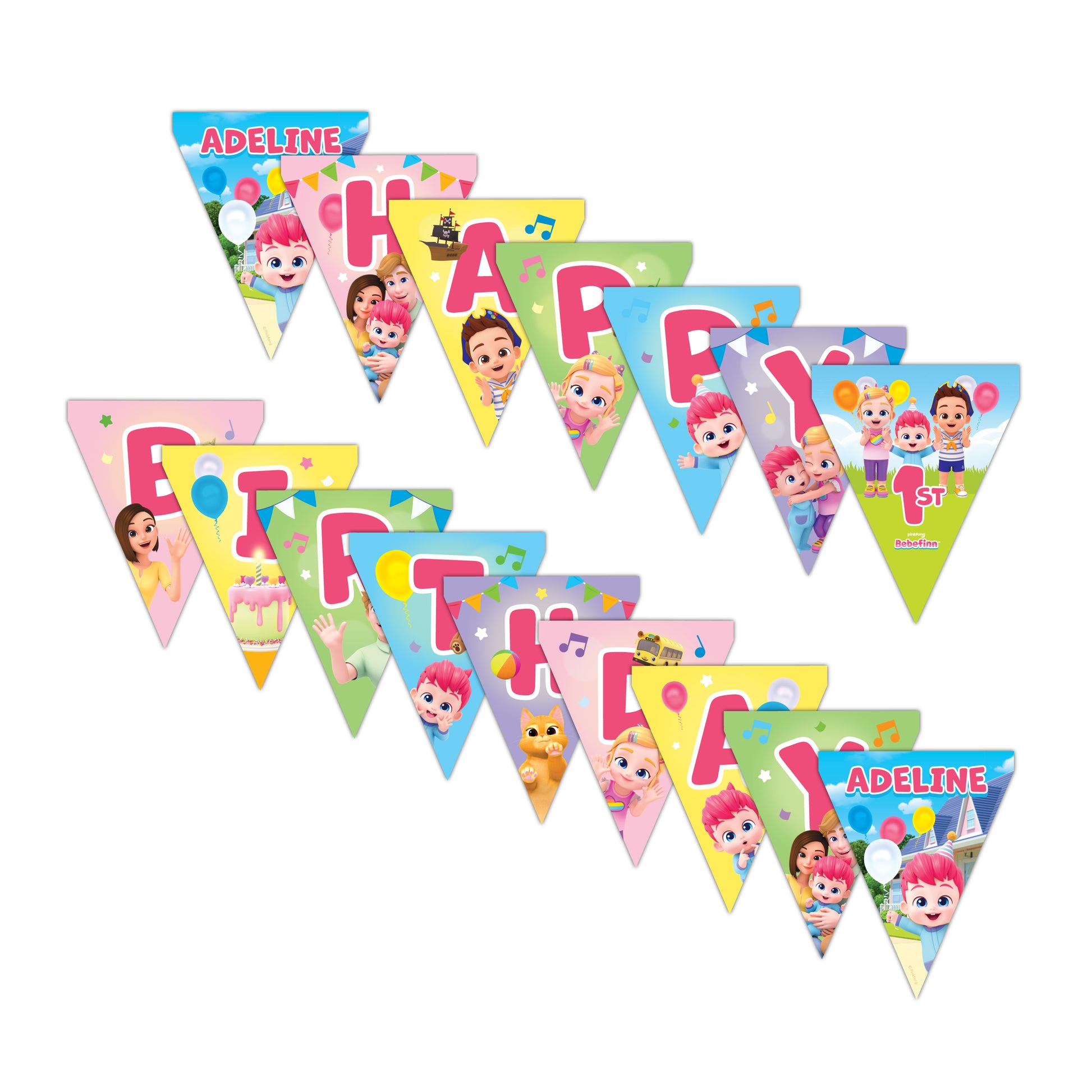 Bebefinn Happy Birthday Banner, custom bebefinn birthday decoration, personalized bebefinn party supplies, pennant banner with ribbon