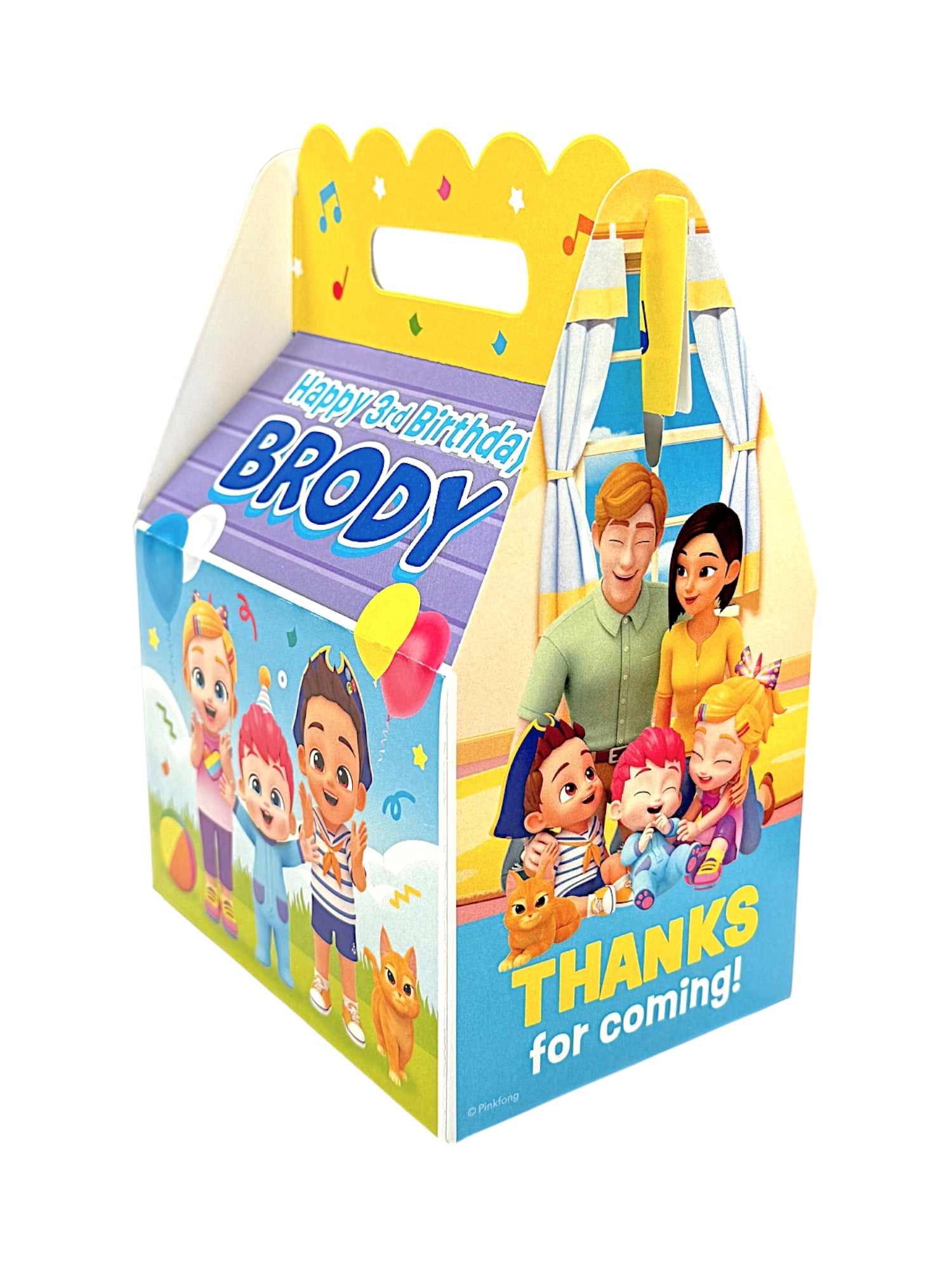 Add a festive, custom touch to your child’s party with these personalized take-away gift boxes. Perfect for your Bebefinn birthday guests! Each treat box features your child’s name and age in our exclusive and licensed design that ties your theme together beautifully. Bebefinn party favors. Featuring Finn, Bora, Brody, Boo the cat and colorful design that will delight your guests. 