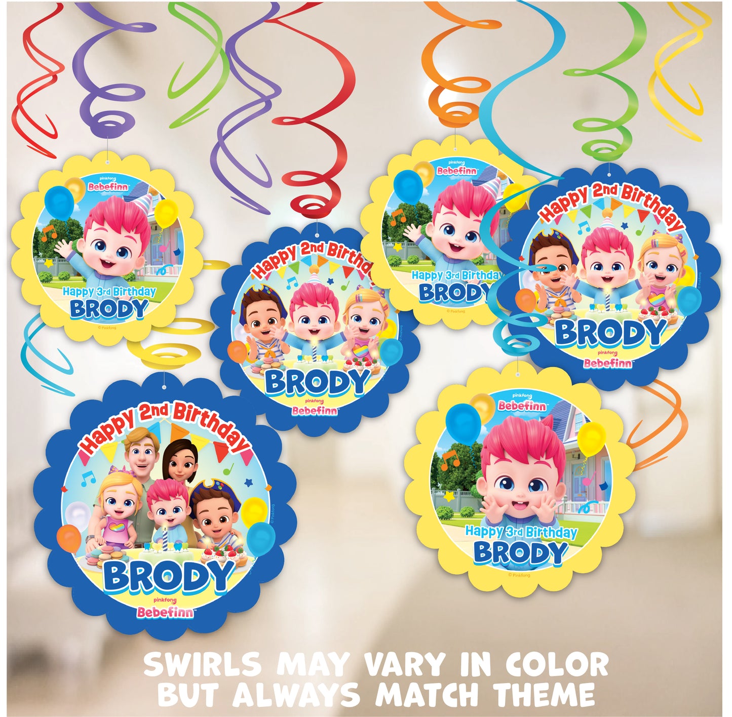 Decorative hanging swirls with personalized birthday text and Bebefinn along with his adorable family will add a festive decoration for your Bebefinn birthday party. Custom Personalized Bebefinn party decorations are licensed and exclusive. 