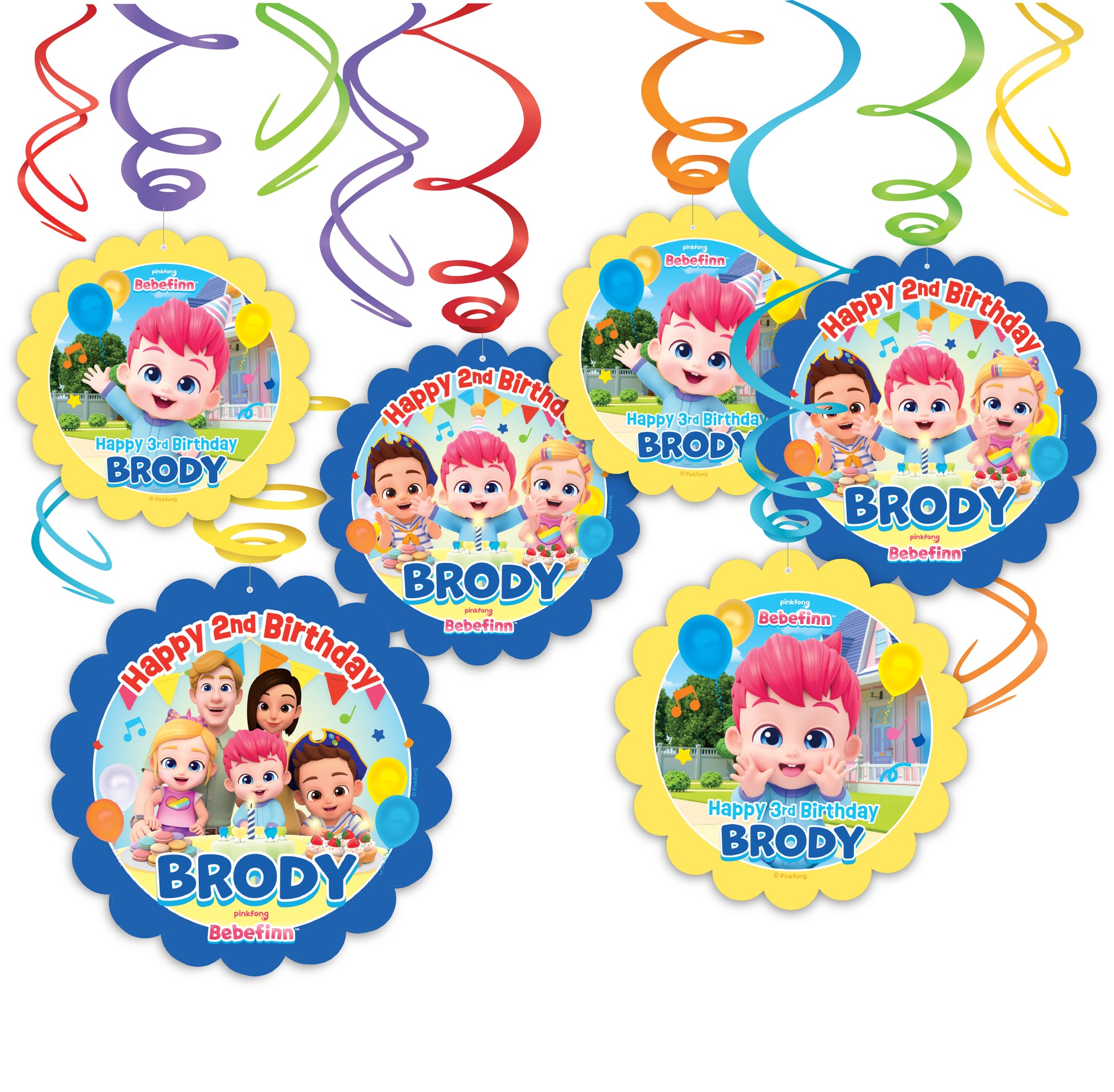 Decorative hanging swirls with personalized birthday text and Bebefinn along with his adorable family will add a festive decoration for your Bebefinn birthday party. Custom Personalized Bebefinn party decorations are licensed and exclusive. 