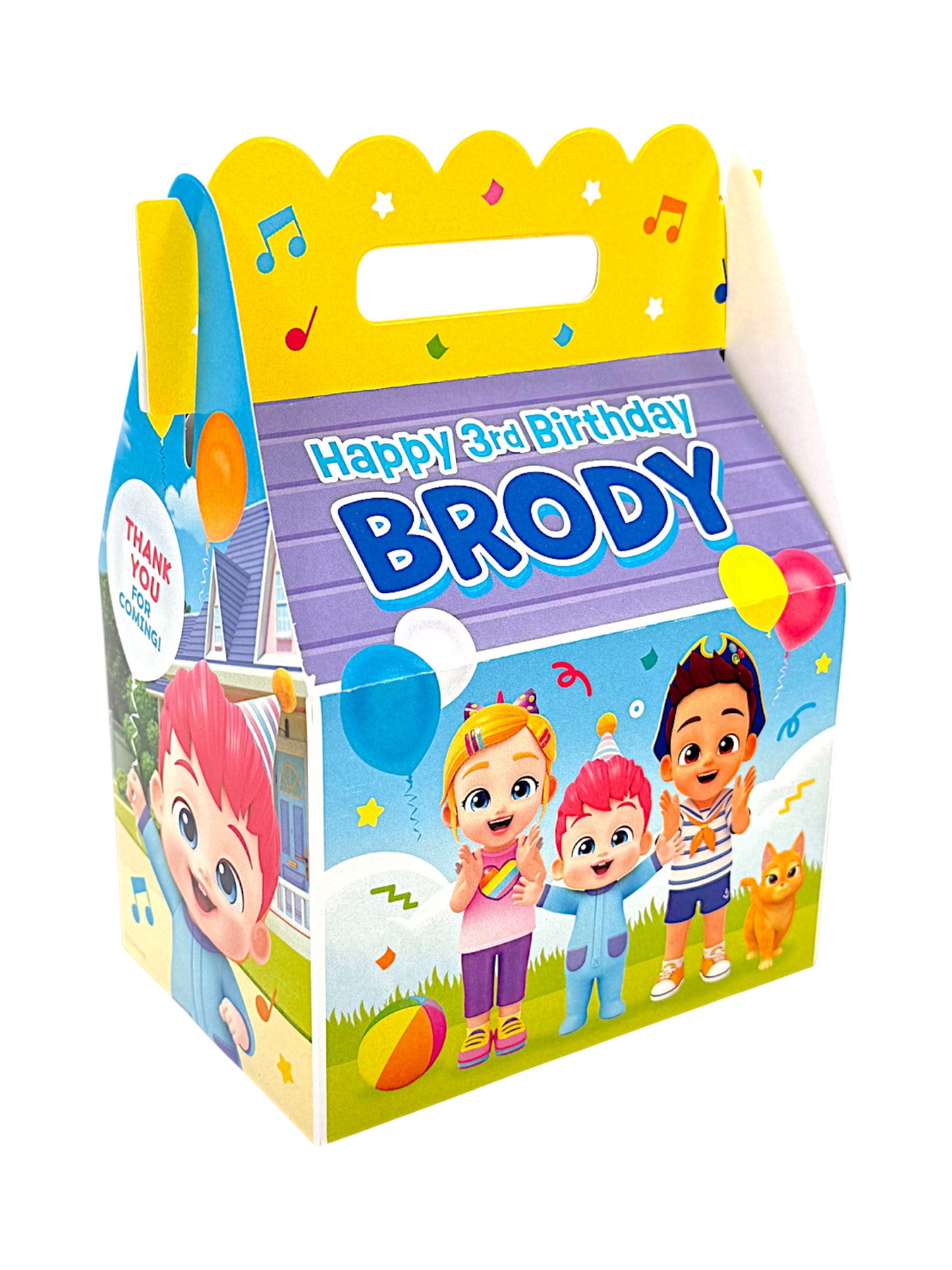 Add a festive, custom touch to your child’s party with these personalized take-away gift boxes. Perfect for your Bebefinn birthday guests! Each treat box features your child’s name and age in our exclusive and licensed design that ties your theme together beautifully. Bebefinn party favors. Featuring Finn, Bora, Brody, Boo the cat and colorful design that will delight your guests. 