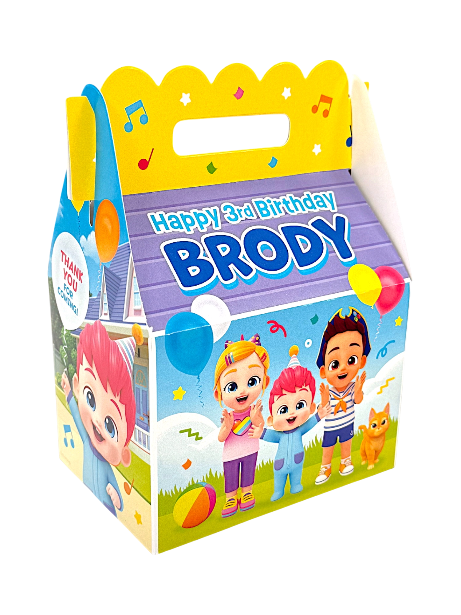 Add a festive, custom touch to your child’s party with these personalized take-away gift boxes. Perfect for your Bebefinn birthday guests! Each treat box features your child’s name and age in our exclusive and licensed design that ties your theme together beautifully. Bebefinn party favors. Featuring Finn, Bora, Brody, Boo the cat and colorful design that will delight your guests. 