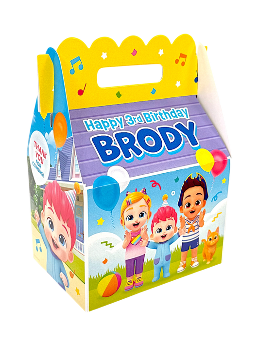 Add a festive, custom touch to your child’s party with these personalized take-away gift boxes. Perfect for your Bebefinn birthday guests! Each treat box features your child’s name and age in our exclusive and licensed design that ties your theme together beautifully. Bebefinn party favors. Featuring Finn, Bora, Brody, Boo the cat and colorful design that will delight your guests. 
