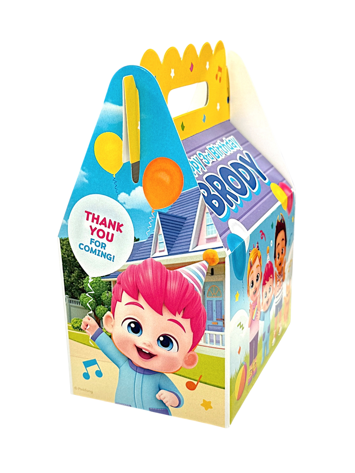 Add a festive, custom touch to your child’s party with these personalized take-away gift boxes. Perfect for your Bebefinn birthday guests! Each treat box features your child’s name and age in our exclusive and licensed design that ties your theme together beautifully. Bebefinn party favors. Featuring Finn, Bora, Brody, Boo the cat and colorful design that will delight your guests. 