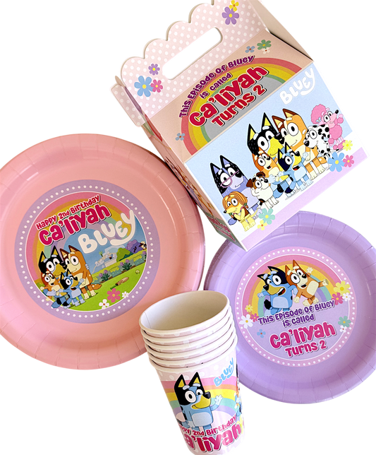 Bluey birthday party pack, bluey party bundle, personalized bluey birthday supplies for birthday girl in pink, rainbow bluey party theme. pink bluey party decorations. Bluey plates, bluey cups, bluey favor boxes, party package.