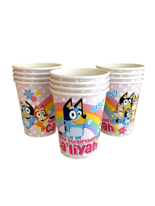Bluey birthday party cups, bluey party supplies, personalized bluey birthday supplies for birthday girl in pink, rainbow bluey party theme. pink bluey party decorations. Bluey plates, bluey cups