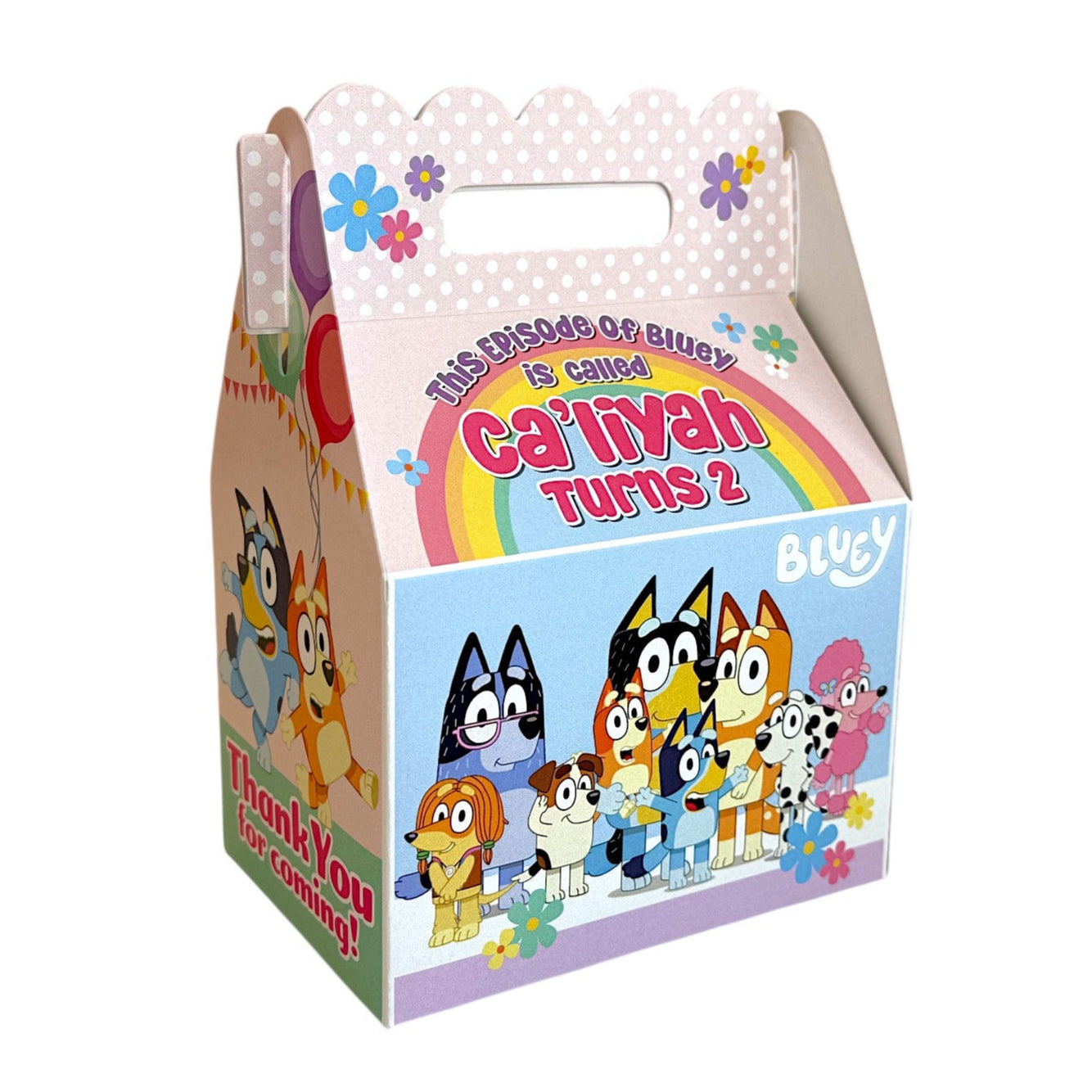 Children's birthday party favor box with Bluey and friends characters and rainbow design with flowers, pink accents and polka dots. Bluey birthday treat boxes personalized to your child's preferences and customized with their name.