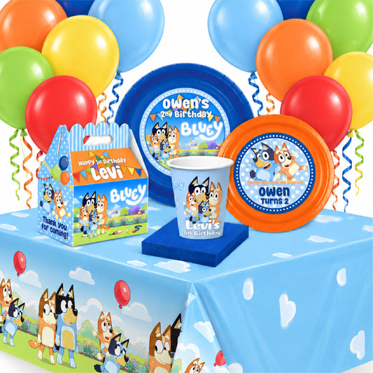 Blue and orange Bluey-themed party supplies including paper plates, cups, a gift box, and balloons personalized for your child's Bluey birthday party.