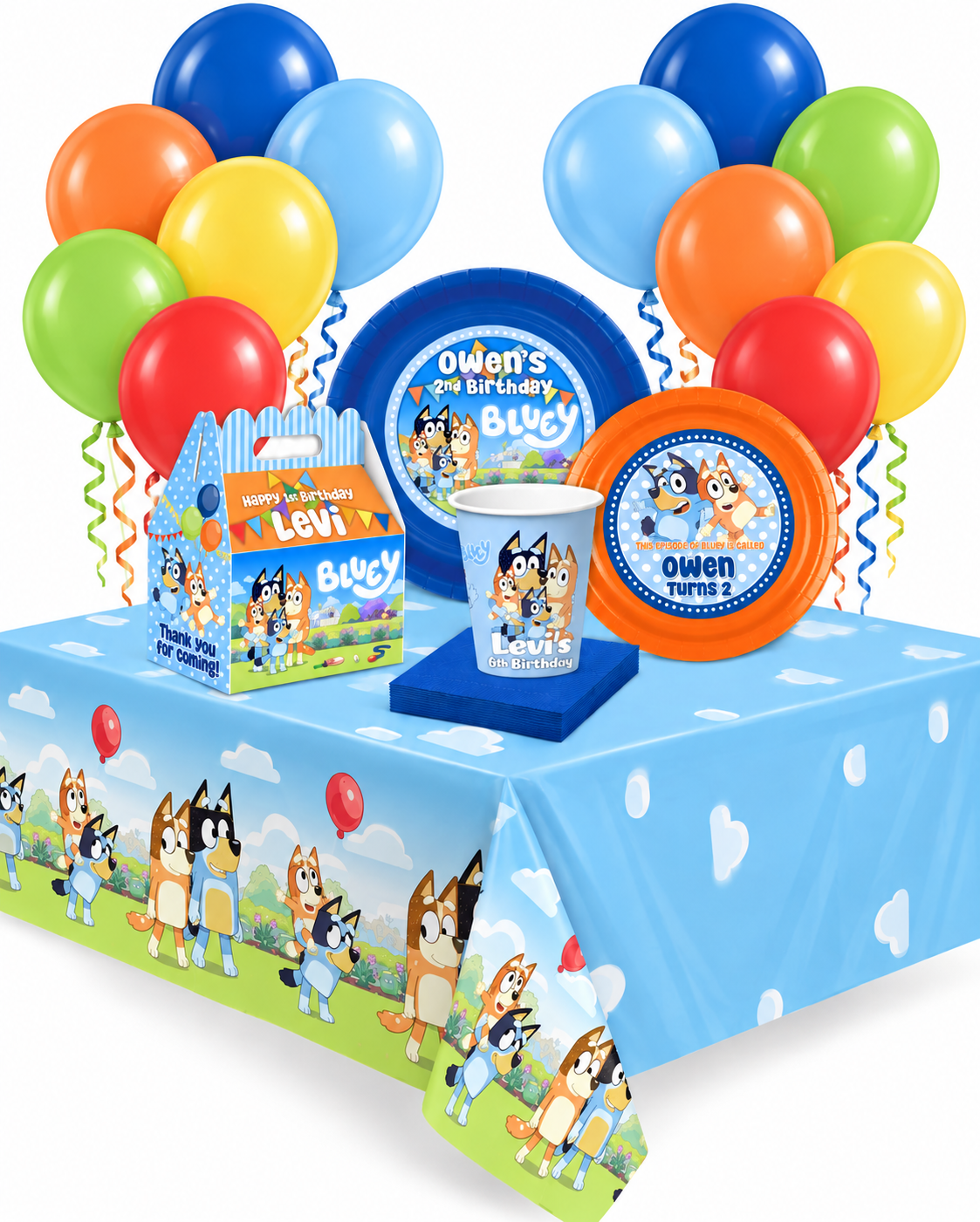 Blue and orange Bluey-themed party supplies including paper plates, cups, a gift box, and balloons personalized for your child's Bluey birthday party.