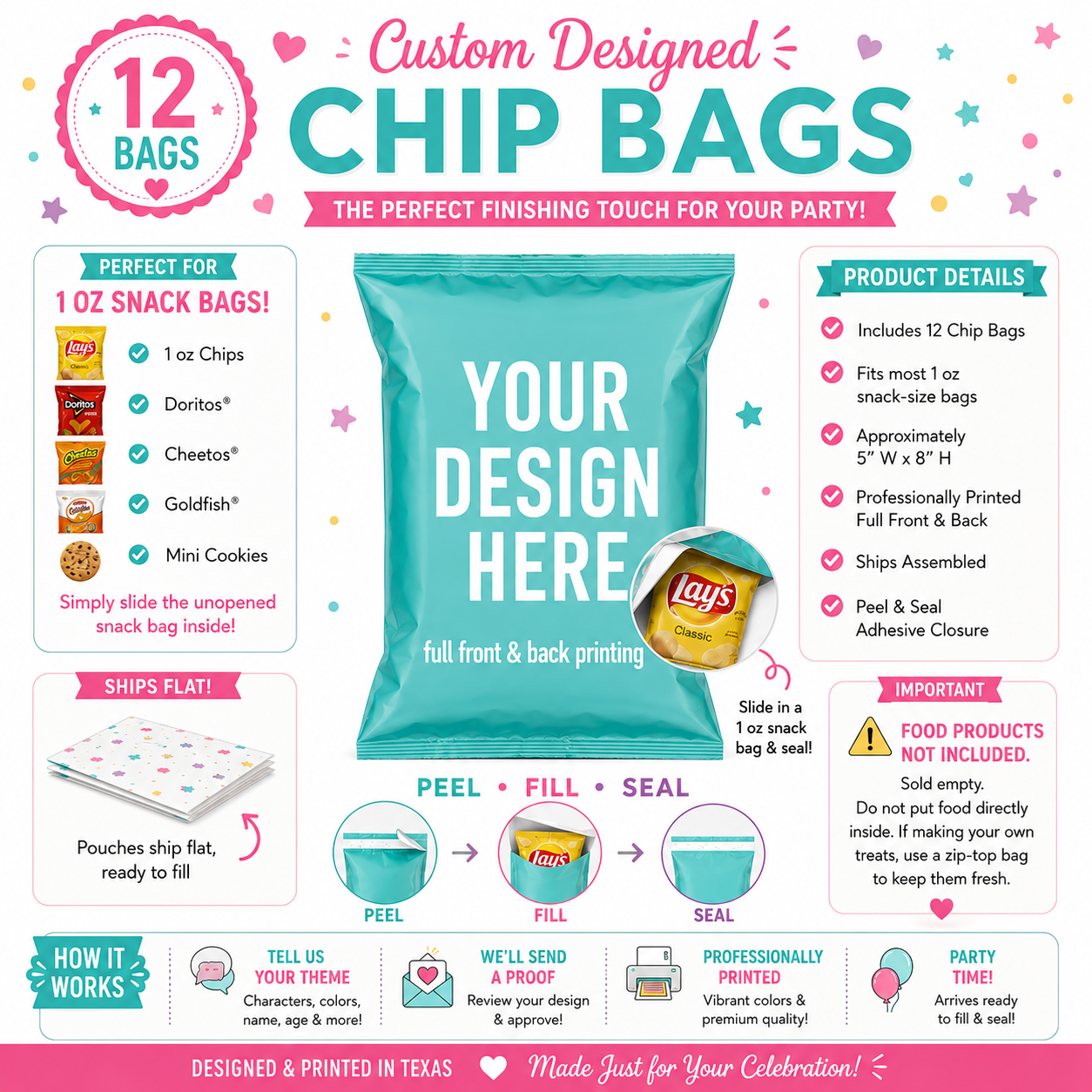 Personalized custom birthday chip bags sold in packs of 12. Professionally printed peel-and-seal chip bags fit most 1 oz snack bags and ship flat ready to fill. Custom party favors for Cars, Disney Princess, Moana, Bluey, Paw Patrol, Cocomelon, Mickey Mouse, Minnie Mouse, Frozen, Spider-Man, Barbie, Toy Story, Sonic, Stitch, Pokémon, Super Mario, construction, dinosaur, unicorn and other birthday themes.