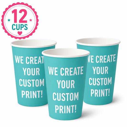 Personalized custom paper party cups printed with your theme, name and age. Set of 12 sturdy 9 oz paper cups for birthdays, baby showers and special events. Perfect for Disney Princess, Cars, Moana, Bluey, Paw Patrol, Cocomelon, Frozen, Mickey Mouse, Minnie Mouse, Toy Story, Stitch, Barbie, Spider-Man, Pokémon, Super Mario, Sonic, dinosaur, unicorn and safari birthday themes.
