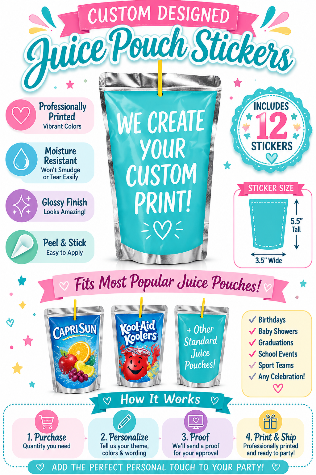Custom Designed juice pouch labels for birthday parties, baby showers, and more. Custom printed party stickers for juice. CapriSun, Kool-Aid Koolers, custom stickers, made for you, Disney princess party, spider & friends party, cars party, lightening McQueen party, moana party, Toy Story party, cocomelon party, paw patrol party