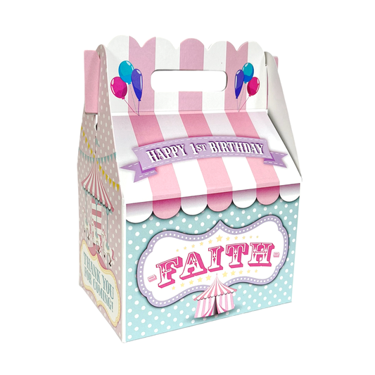 Carousel Circus Carnival Pink and Aqua Birthday Party, Personalized Gable Favor Boxes, pack of 8
