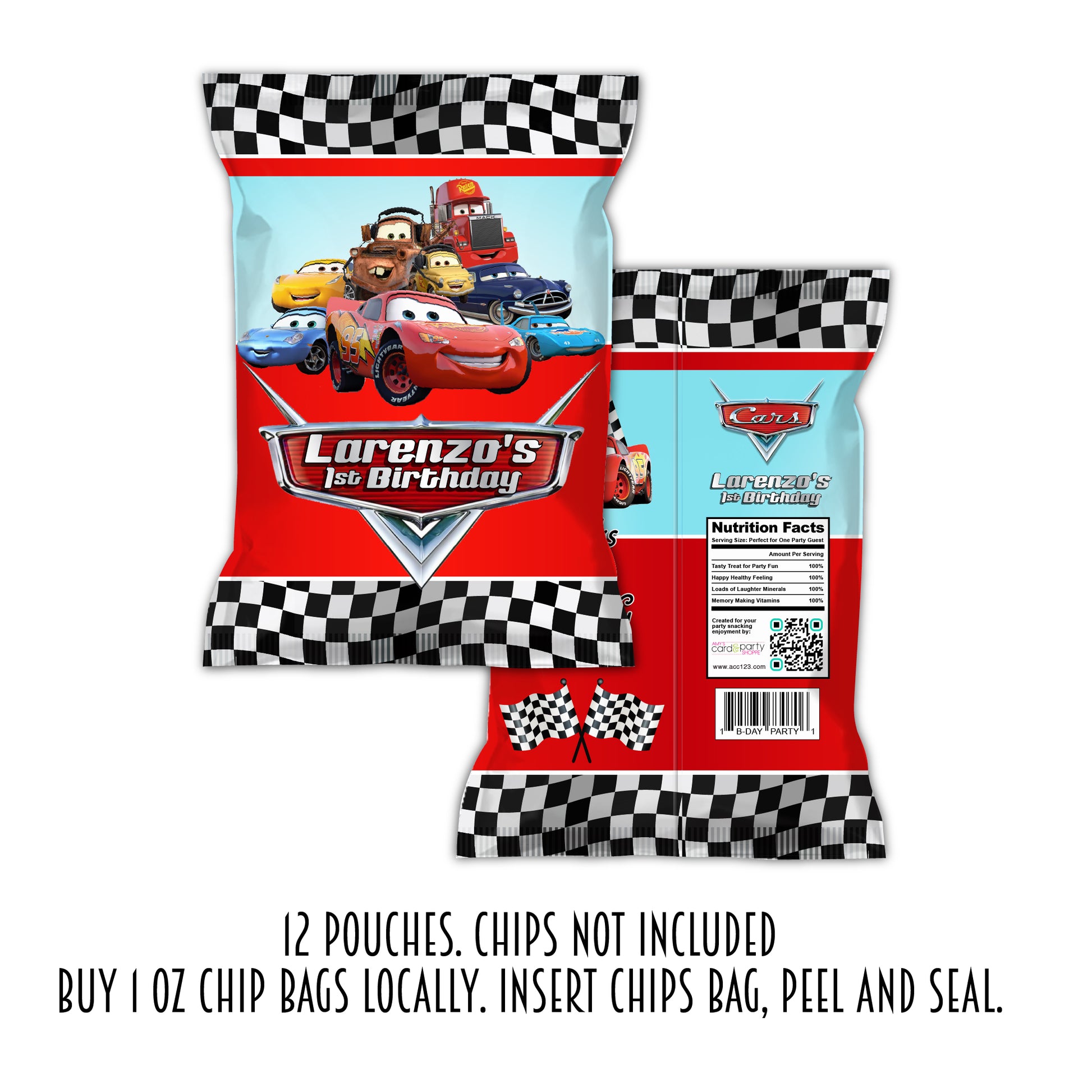Cars Movie Personalized custom birthday chip bags sold in packs of 12. Professionally printed peel-and-seal chip bags fit most 1 oz snack bags and ship flat ready to fill. Custom party favors for Cars, Disney Princess, Moana, Bluey, Paw Patrol, Cocomelon, Mickey Mouse, Minnie Mouse, Frozen, Spider-Man, Barbie, Toy Story, Sonic, Stitch, Pokémon, Super Mario, construction, dinosaur, unicorn and other birthday themes.
